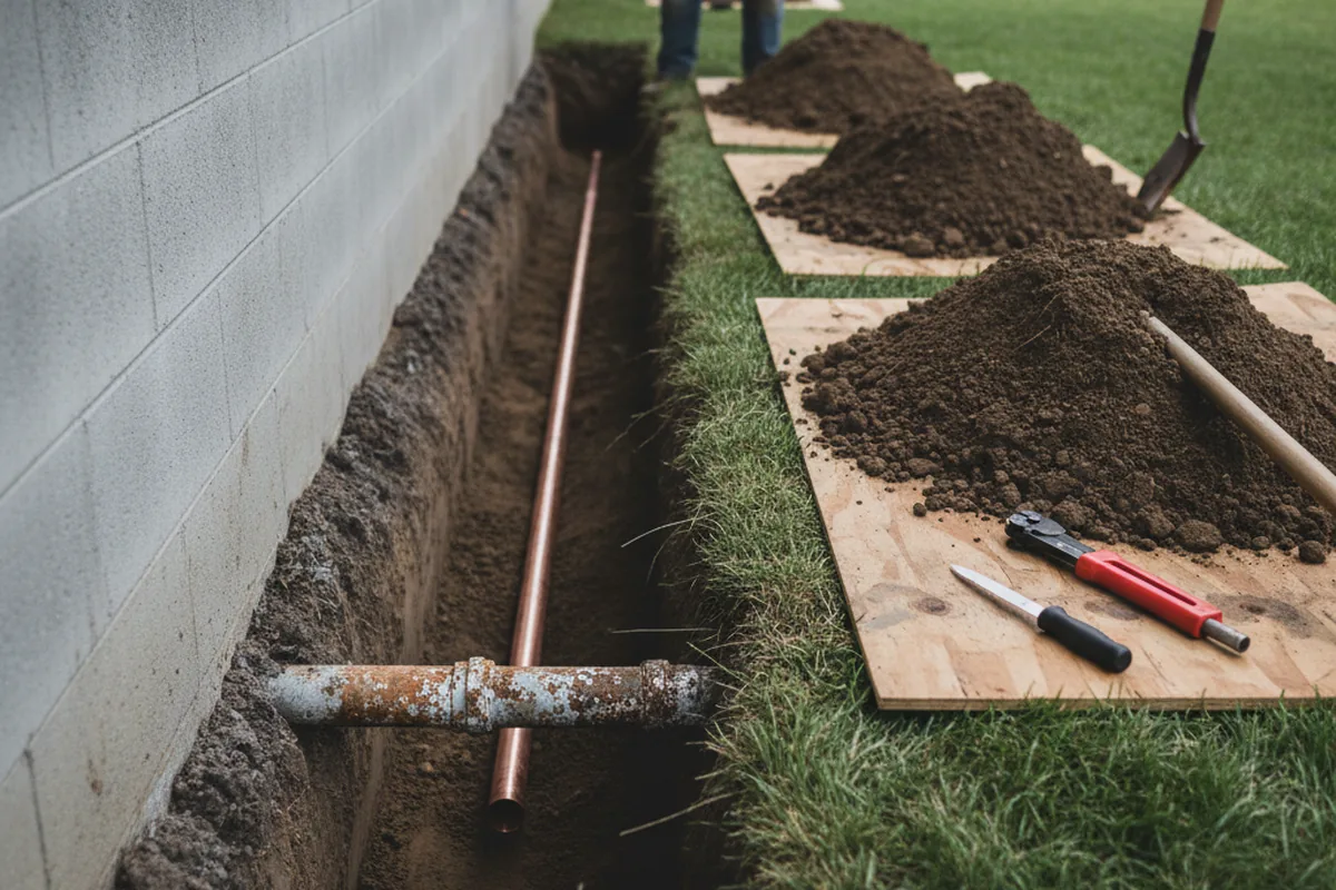 Excavated water line trench during Water Heater Repair in Marstons Mills